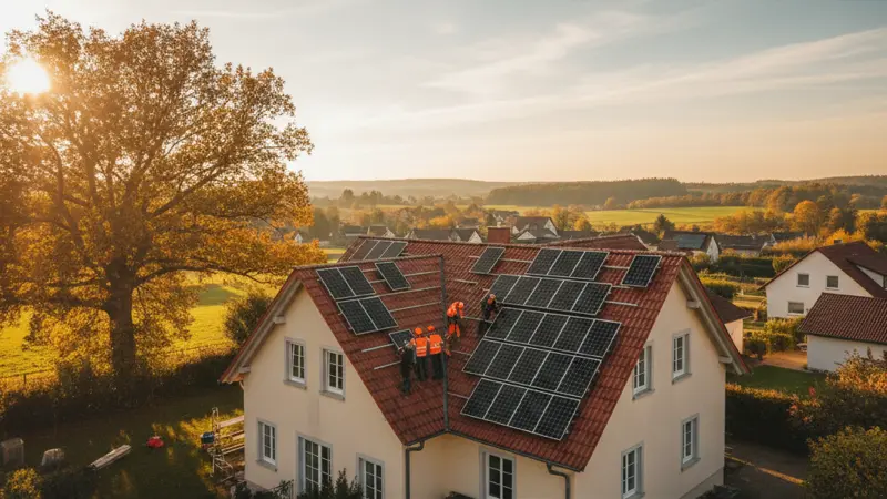 Monteur installiert Solarmodule auf einem Hausdach als Teil des Förderprozesses