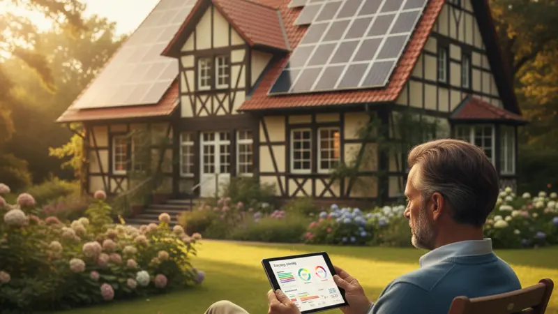 Hausbesitzer prüft Förderdokumente und Energiedaten auf dem Tablet für die Photovoltaikanlage