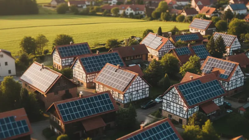Solardächer in einer deutschen Siedlung als Beispiel für regionale Photovoltaik Förderprogramme