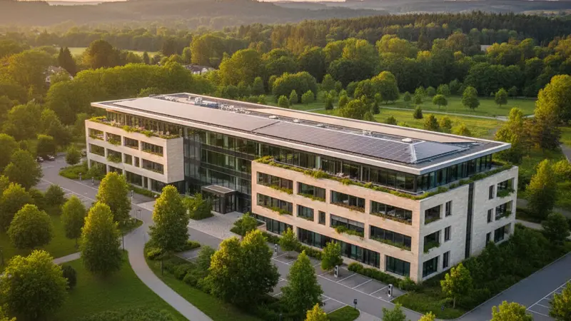 Modernes Bürogebäude mit Solaranlage auf dem Dach