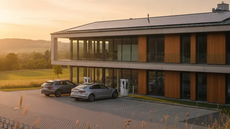 Elektroauto Ladestation vor einem Gewerbegebäude mit Solaranlage auf dem Dach