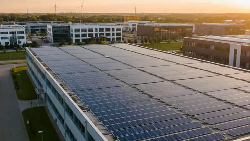 Große gewerbliche Photovoltaikanlage auf einem Industriegebäude mit blauen Solarmodulen