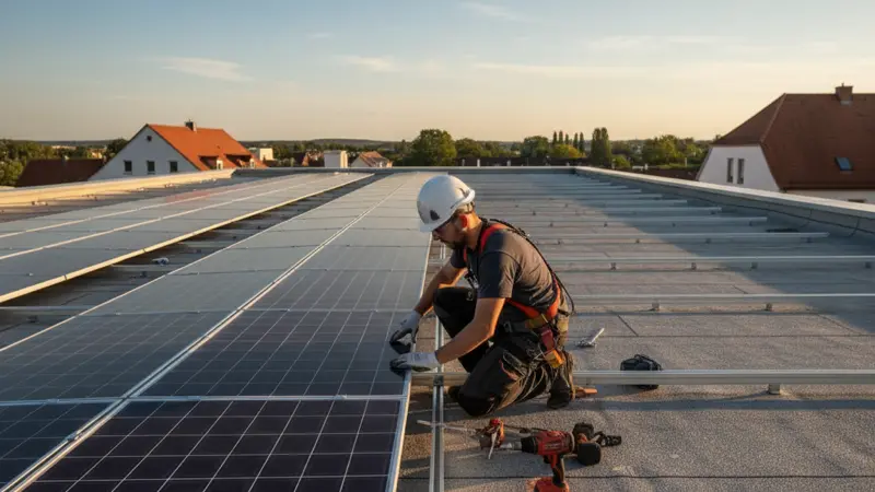 Professionelle Montage von Solarmodulen auf einem gewerblichen Flachdach