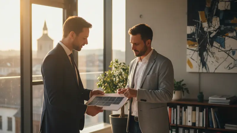 Steuerberatung für gewerbliche PV-Anlage mit Unterlagen und Laptop