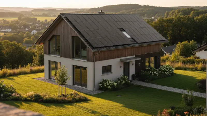 Einfamilienhaus mit Solaranlage auf dem Dach an einem sonnigen Tag
