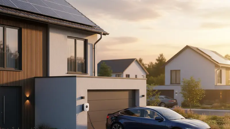 Elektroauto lädt an einer Wallbox mit Solaranlage auf dem Garagendach