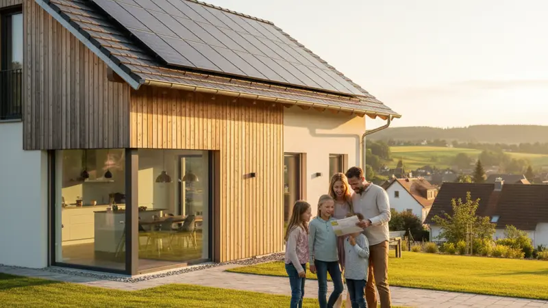 Familie prüft Stromrechnung am Küchentisch mit Solaranlage auf dem Dach