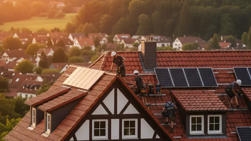 Fachbetrieb montiert Solarmodule auf einem Hausdach