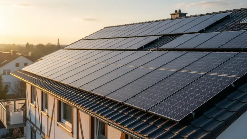 Nahaufnahme moderner Solarmodule auf einem Hausdach mit blauem Himmel