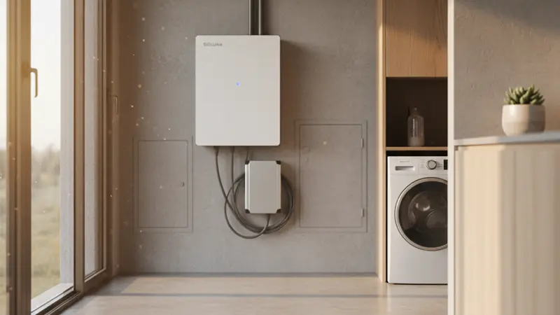 Wandmontierter Batteriespeicher in einem modernen Hauswirtschaftsraum