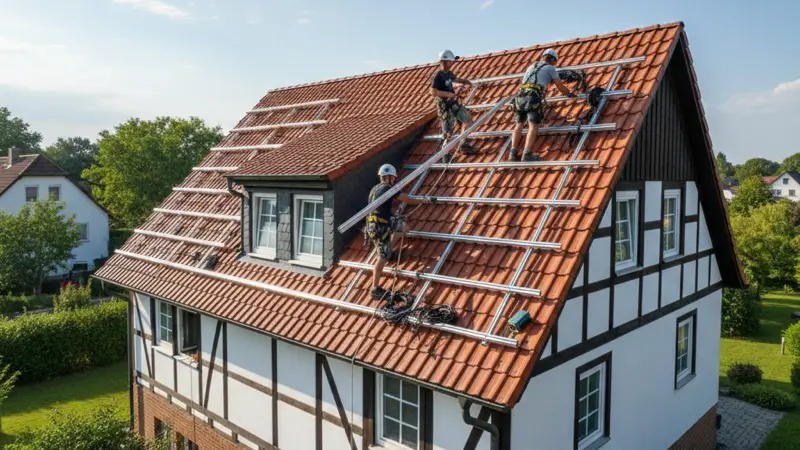 Montage einer Solaranlage bei der Nachrüstung auf einem Bestandsgebäude