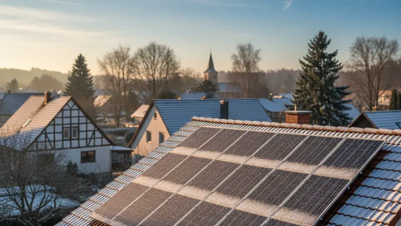 Solarmodule auf einem Hausdach in winterlicher Umgebung mit leichter Schneeschicht