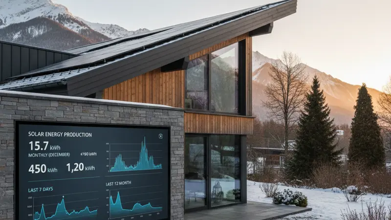 Digitales Monitoring Display zeigt Solarertragsdaten und Leistungsgraphen einer PV Anlage im Winter