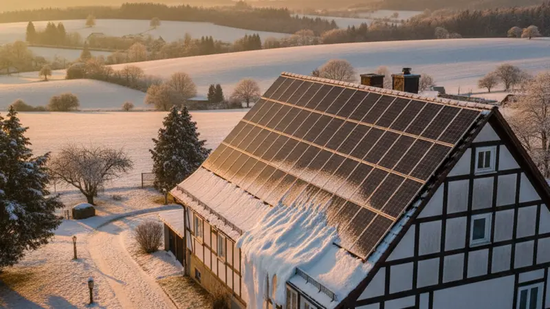 Steil geneigte Solarmodule auf einem Dach im Winter mit abrutschendem Schnee und tiefstehender Sonne