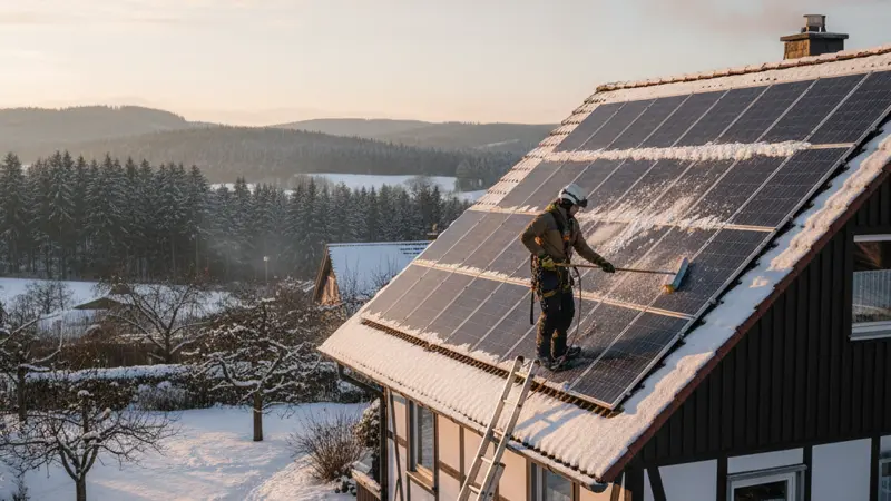 Person entfernt vorsichtig Schnee von Solarmodulen auf dem Hausdach mit einem Teleskopbesen