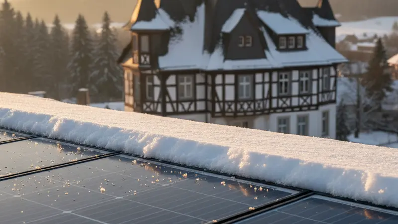 Nahaufnahme von Solarmodulen mit abrutschendem Schnee und sichtbaren Solarzellen