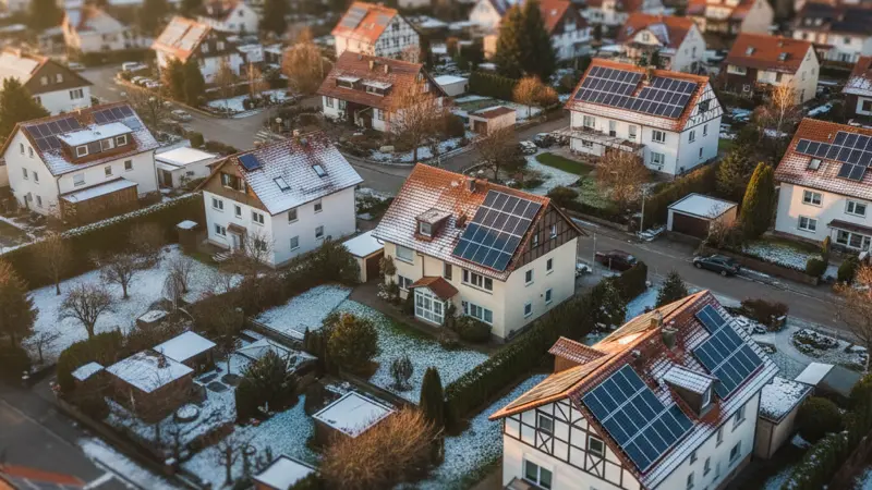 Luftaufnahme einer deutschen Wohnsiedlung im Winter mit Solaranlagen auf mehreren Hausdächern