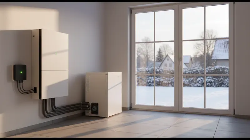 Moderner Batteriespeicher und Wärmepumpe im Hauswirtschaftsraum eines Einfamilienhauses
