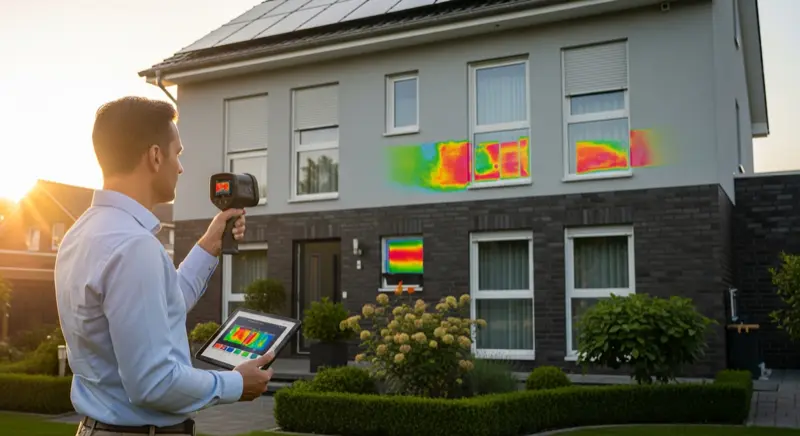 Energieberater mit Tablet bei der Gebaeudeanalyse eines Einfamilienhauses