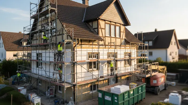 Hausfassade mit Gerüst und Dämmmaterial bei einer energetischen Sanierung