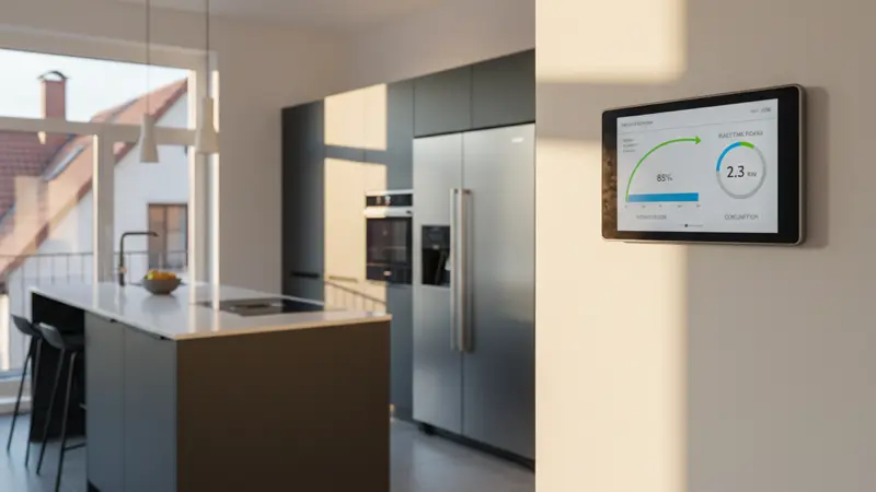Tablet mit Smart Home Energie-Dashboard zeigt Solarproduktion und Stromverbrauch