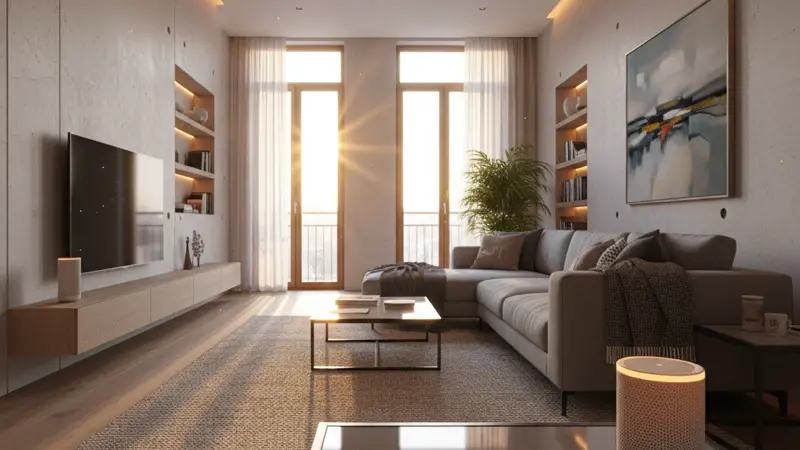 Modernes Wohnzimmer mit Smart Home Geräten, smartem Lautsprecher und stimmungsvoller Beleuchtung