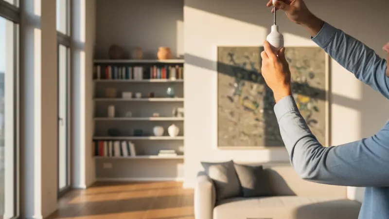 Person installiert smarte Glühbirne in Deckenlampe in moderner Wohnung