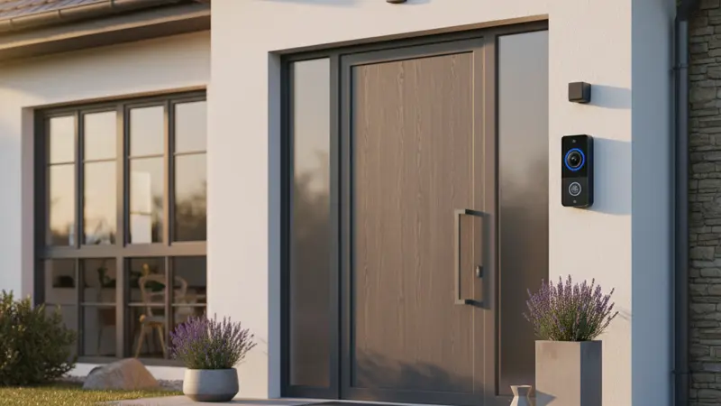 Smart Home Sicherheitssystem an Haustür mit Video-Türklingel und smartem Schloss