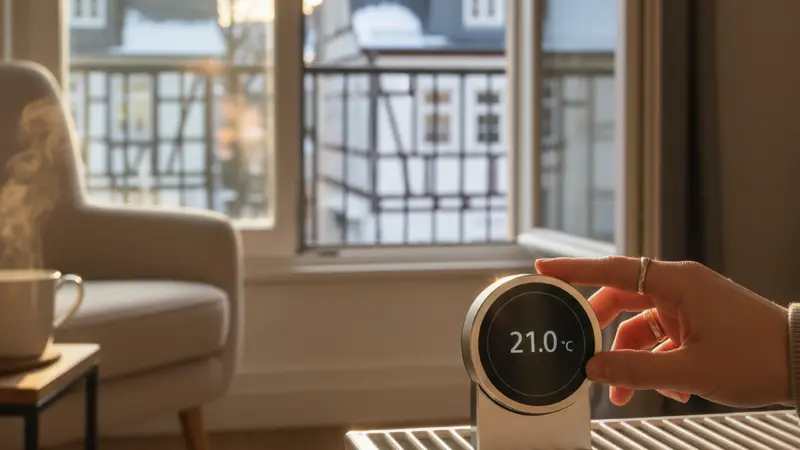 Smartes Heizkörperthermostat an weißem Heizkörper in deutscher Wohnung