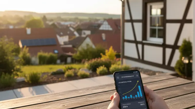 Energiemonitoring-Dashboard auf Smartphone mit Verbrauchsgrafiken und Solarproduktionsdaten