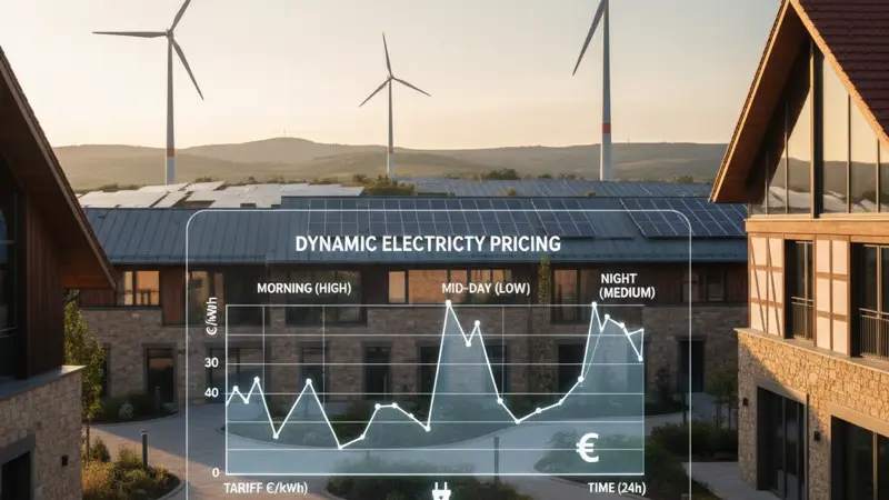 Dynamische Stromtarife mit variablen Preisen über den Tagesverlauf, Windräder und Solarpanels im Hintergrund