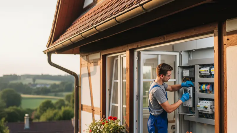 Elektriker installiert Smart Meter im Zählerschrank eines deutschen Einfamilienhauses