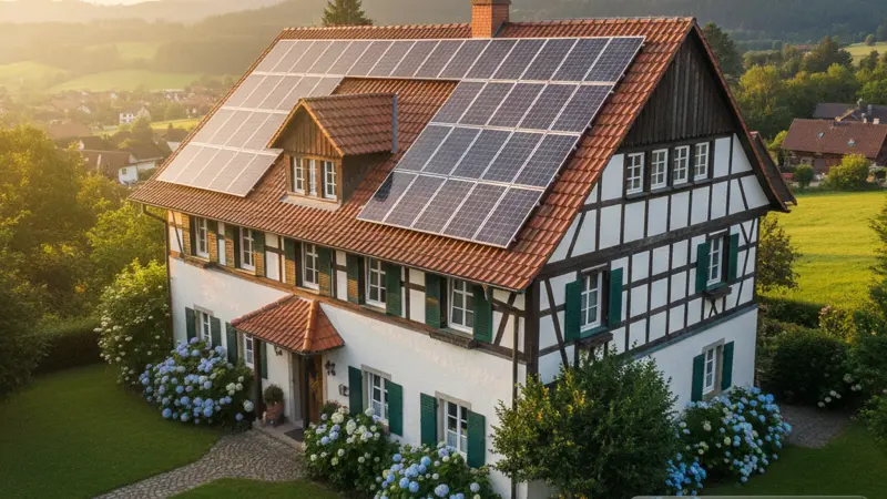 Solaranlage auf dem Dach eines Einfamilienhauses mit Smart Meter Echtzeitdaten auf Display