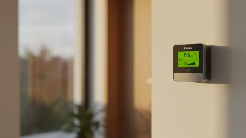 Moderner Smart Meter mit digitalem Display an weißer Wand in deutschem Haushalt