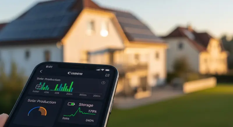 Monitoring-App einer Solaranlage mit Echtzeit-Daten auf dem Smartphone