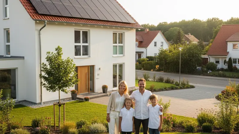 Deutsche Familie steht stolz vor ihrem Einfamilienhaus mit neuen Solarmodulen auf dem Dach