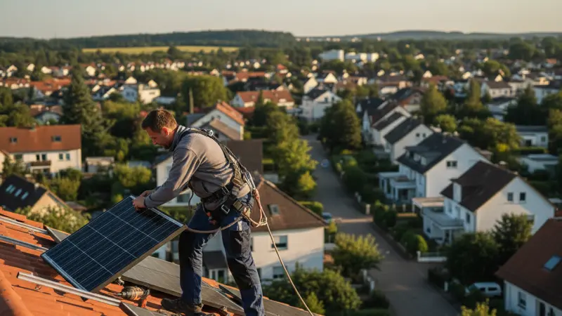 Professioneller Solarinstallateur montiert Solarmodule auf einem deutschen Einfamilienhaus Dach
