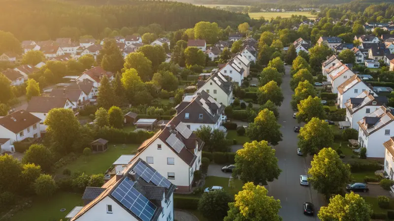Luftaufnahme einer deutschen Siedlung mit verschiedenen Solaranlagen auf den Dächern