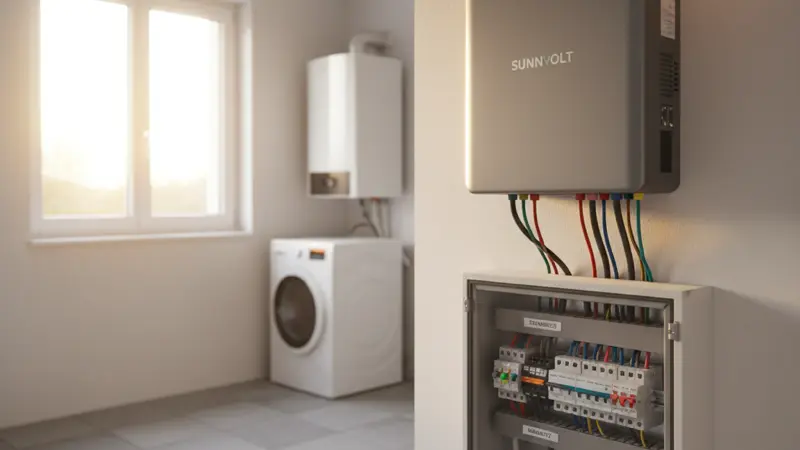 Nahaufnahme eines modernen Solar Wechselrichters und Elektroverteilung in einem Hauswirtschaftsraum