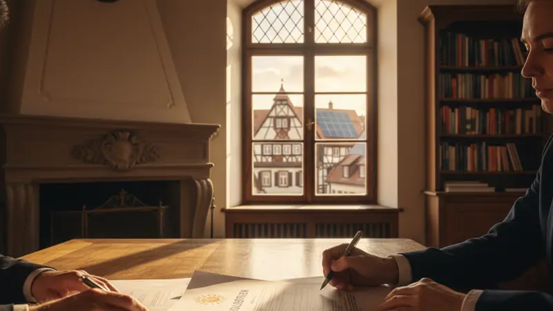 Vertragsunterzeichnung für eine Solaranlage am Schreibtisch mit Dokumenten