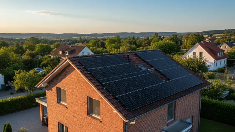 Solaranlage auf einem deutschen Einfamilienhaus mit rotem Dach