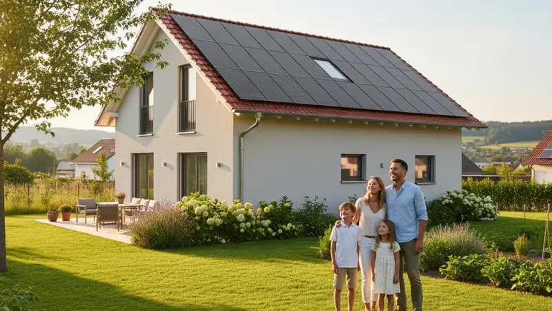 Familie im Garten blickt zufrieden auf ihre neue Solaranlage