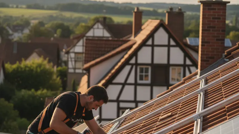 Professioneller Solarinstallateur bei der Montage auf einem Hausdach