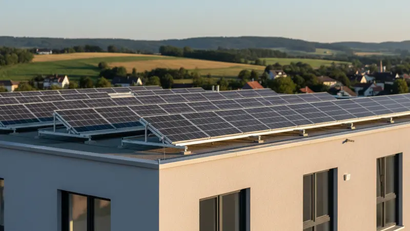 Aufgeständerte Solarmodule in Ost-West-Ausrichtung auf einem Flachdach