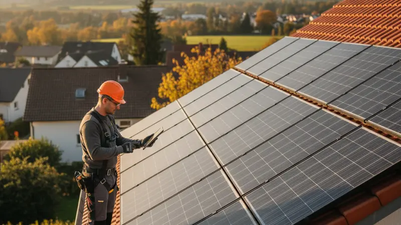 Solartechniker analysiert Verschattung auf einem Hausdach mit Solarmodulen