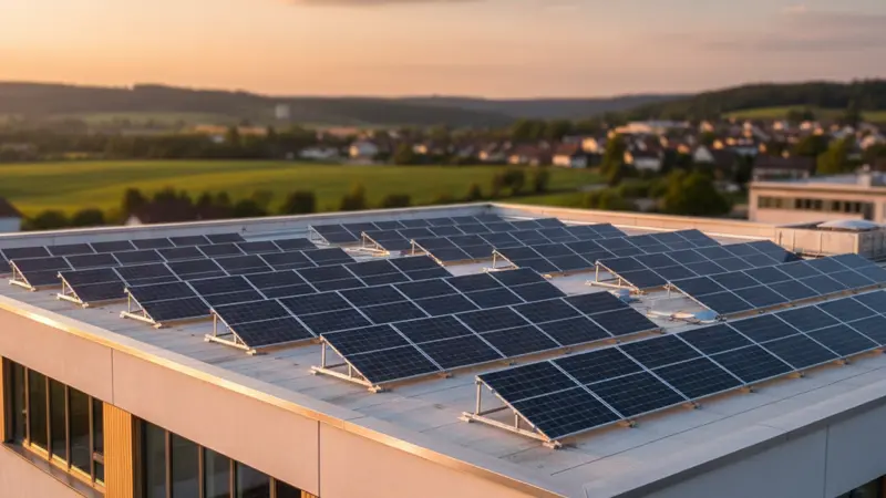 Flachdach mit aufgeständerten Solarmodulen in Reihen