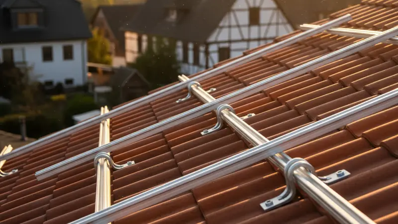 Nahaufnahme eines Aufdach-Montagesystems mit Aluminiumschienen auf Ziegeldach