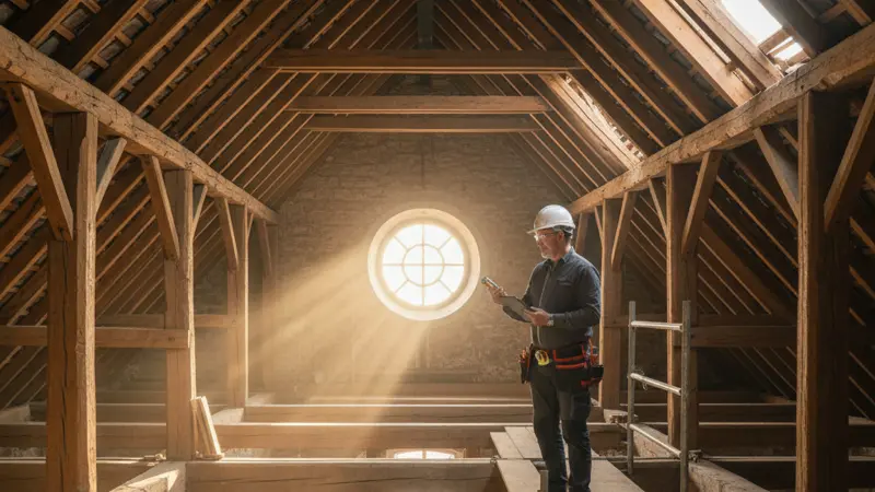 Statiker prüft Dachkonstruktion und Sparren im Dachstuhl