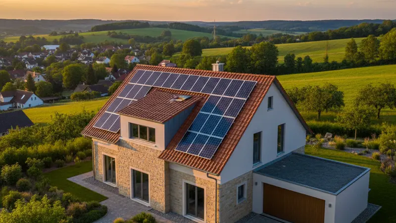 Solaranlage auf einem Ziegeldach eines deutschen Wohnhauses