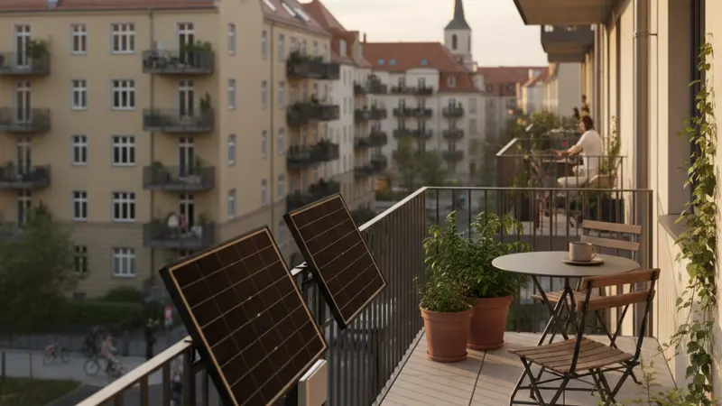 Balkonkraftwerk mit zwei Solarmodulen an einem Balkongeländer in einer Stadtwohnung
